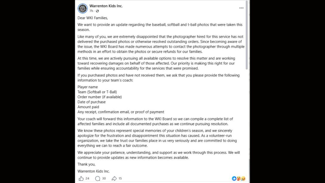 Warrenton Kids Inc. Says Photographer Took Payment, Never Delivered Youth Sports Photos